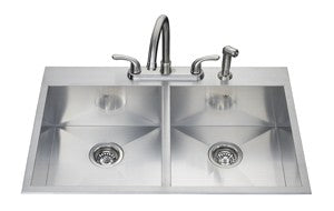 Kindred QDLF2233 20 gauge hand fabricated dual mount double bowl ledgeback sink
