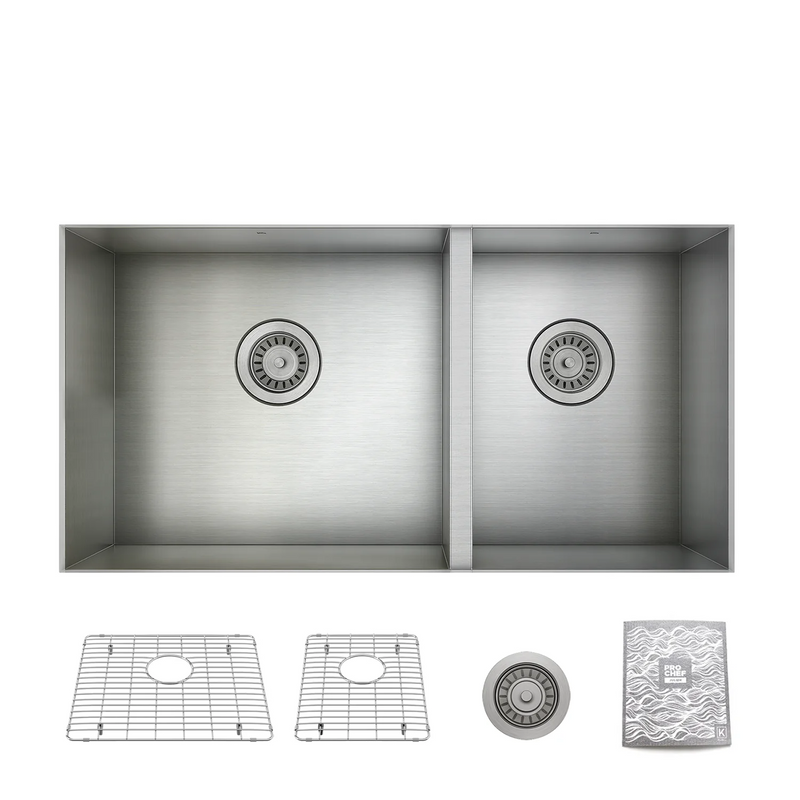 Prochef 60/40 Double Bowl undermount Kitchen Sink with bottom grid H75 Stainless Steel 30" X 16" X 9"