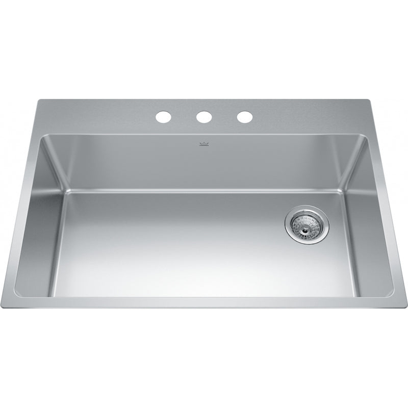 Kindred BSL2233-9-3OW Brookmore Topmount 18G Stainless Steel Single Sink 3 Hole 36Cab Offset Waste