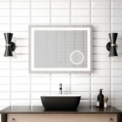 Kalia Effect Led Illuminated Rectangular Mirror With Frosted Strip Illuminated Magnifying Mirror (3X) And Touch-Switch For Colo