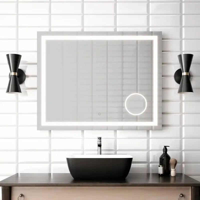 Kalia Effect Led Illuminated Rectangular Mirror With Frosted Strip Illuminated Magnifying Mirror (3X) And Touch-Switch For Colo