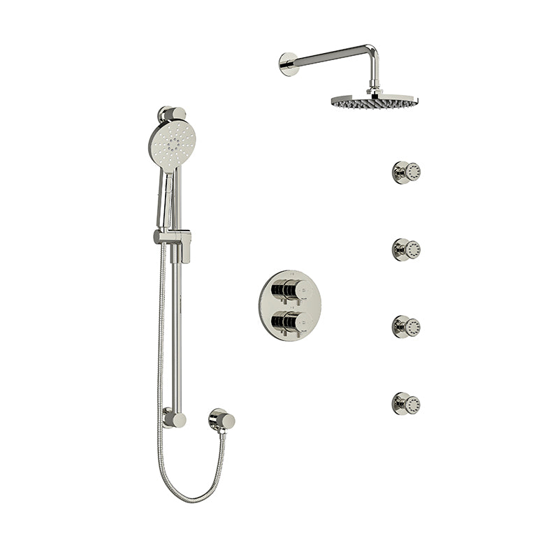 Riobel RIU Knurled KIT446RUTMKN Type T/P double coaxial system with hand shower rail, 4 body jets and shower head